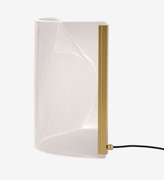 Table lamp in golden aluminum and acrylic.