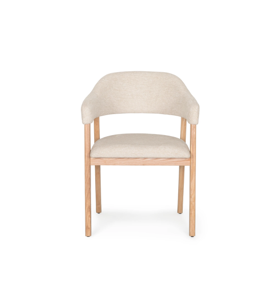 Chair with armrests, in natural ash wood, with seat and back upholstered in fabric