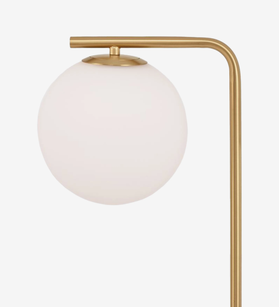  Floor lamp with black marble base, golden metal structure and opal glass diffuser.