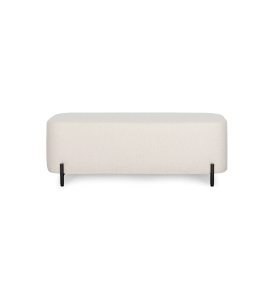 Banquette rembourré en tissu, pieds en métal laqué noir avec niveleurs.