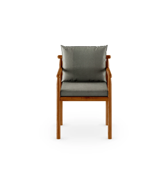 Chair with arms, fabric upholstered cushions, and structure in honey-colored natural wood.