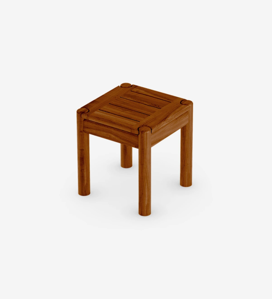 Square side table in honey-colored natural wood.