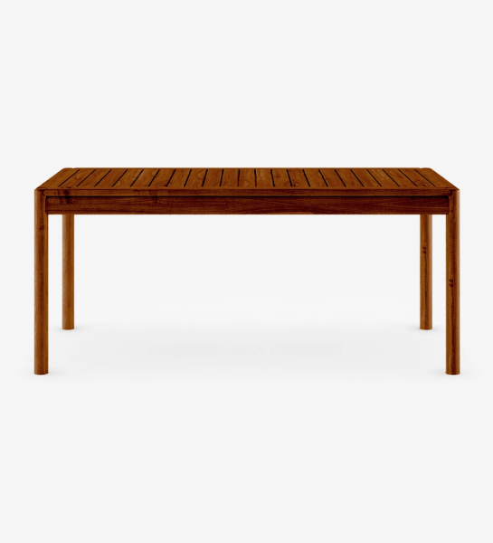 Rectangular dining table in honey-colored natural wood.