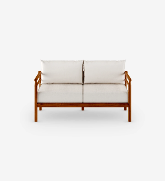 2 seater sofa with fabric upholstered cushions and honey-colored natural wood structure.