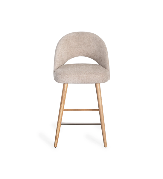 Stool with fabric upholstered, with natural wood feet.