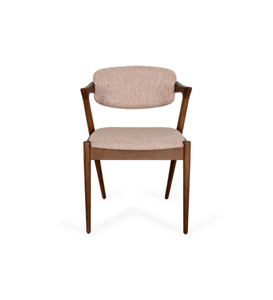 Chair in walnut-colored ash wood, with seat and back upholstered in fabric.