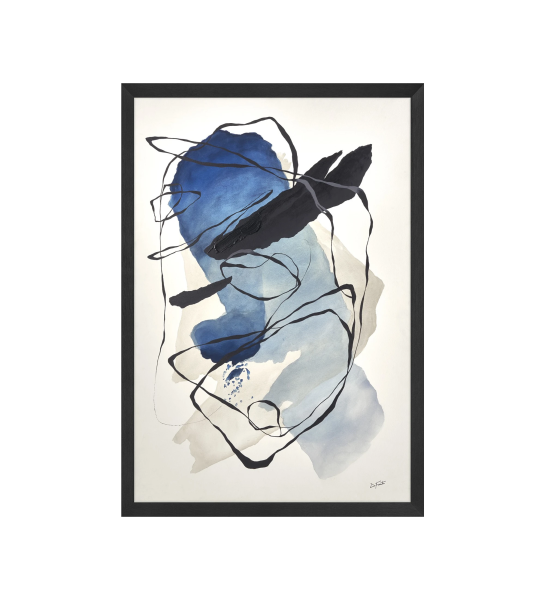 Quadro de pintura abstrata azul, moldura em madeira, 90 x 120 cm.