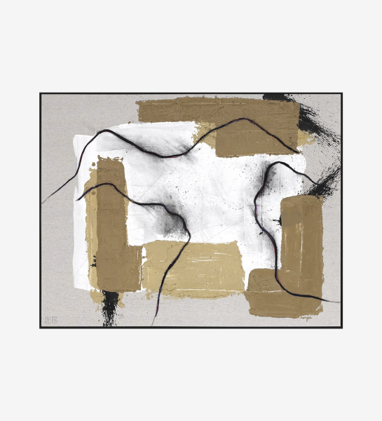 Cuadro abstracto en tonos camel, estructura de madera, 120 x 90 cm.