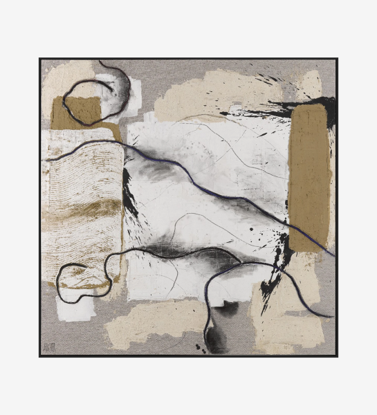 Abstract painting in camel tones, wooden frame, 120 x 120 cm.