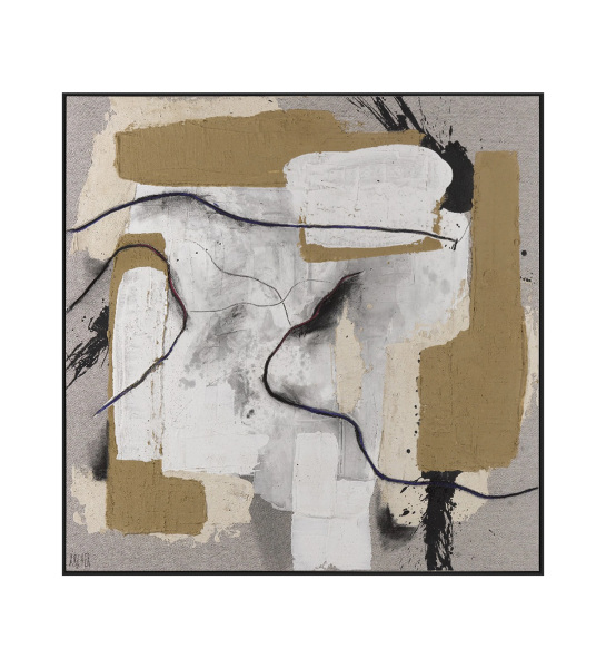 Quadro de pintura abstrata em tons camel, moldura em madeira, 120 x 120 cm.