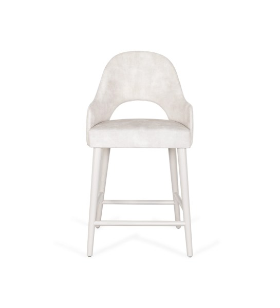 Paris high stool with arms upholstered in pearl fabric, pearl lacquered feet.