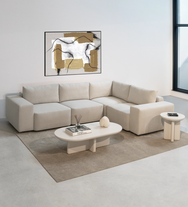 Paris corner sofa 2+1 seats, upholstered in pearl fabric, 292 x 214 cm.