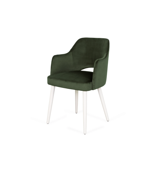 Chaise Londres avec accoudoirs recouvert en tissu vert, pieds laqués perles.