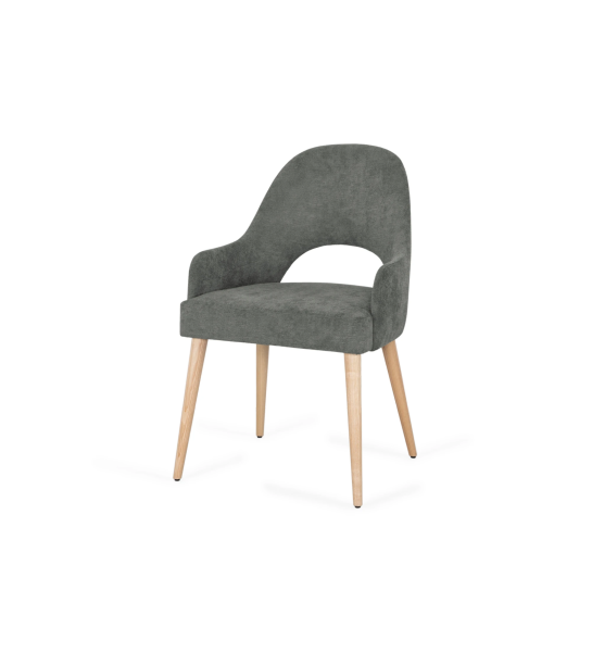 Paris chair with armrests, upholstered in green fabric, natural wood feet.