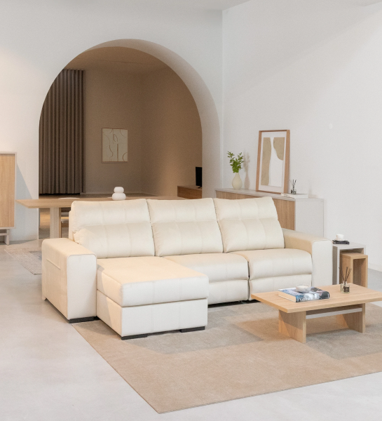 Nice 2-seater sofa and right chaise longue, upholstered in beige fabric, relax system, storage on the chaise longue, 287 cm.