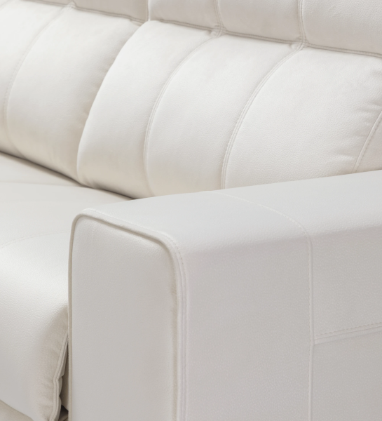 Canapé Nice 2 places et chaise longue droite, recouverts en tissu beige, système relax, rangement sur la chaise longue, 287 cm.