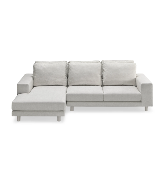 Sofá Dallas 2 plazas y chaise longue izquierda, tapizado en tela perla, cojines respaldo abatibles, pies lacados perla, 273 cm.