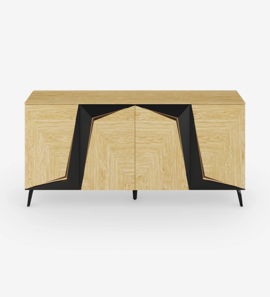 Sideboard with lighting, 4 doors in natural oak with black details, with natural oak structure and black lacquered metal base.