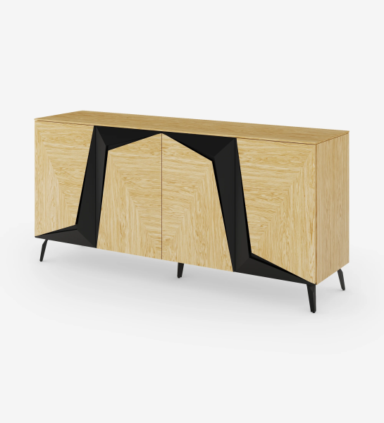 Sideboard with 4 doors in natural oak with black details, with natural oak structure and black lacquered metal base.
