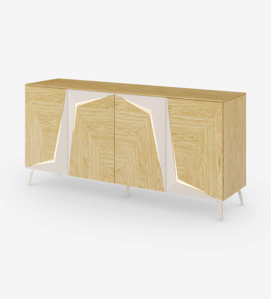 Sideboard with lighting, 4 doors in natural oak with pearl details, with natural oak structure and metal foot lacquered in pearl.