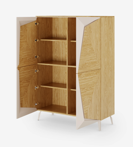 Cupboard with 4 doors in natural oak with pearl details, with natural oak structure and metal base lacquered in pearl.
