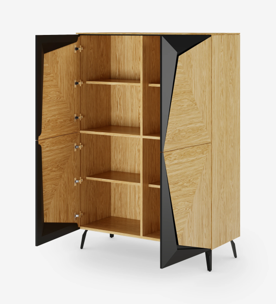 Cupboard with 4 doors in natural oak with black details, with natural oak structure and black lacquered metal base.