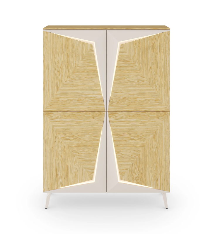 Vajillero with lighting, 4 doors in natural oak with pearl details, with natural oak structure and metal foot lacquered in pearl.