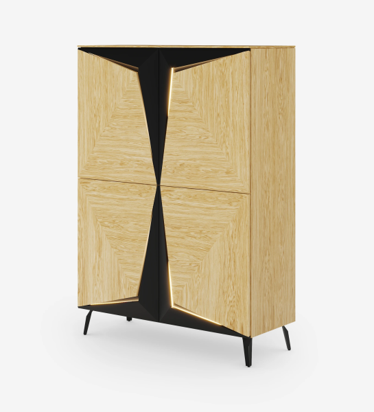 Cupboard with lighting, 4 doors in natural oak with black details, with natural oak structure and black lacquered metal base.