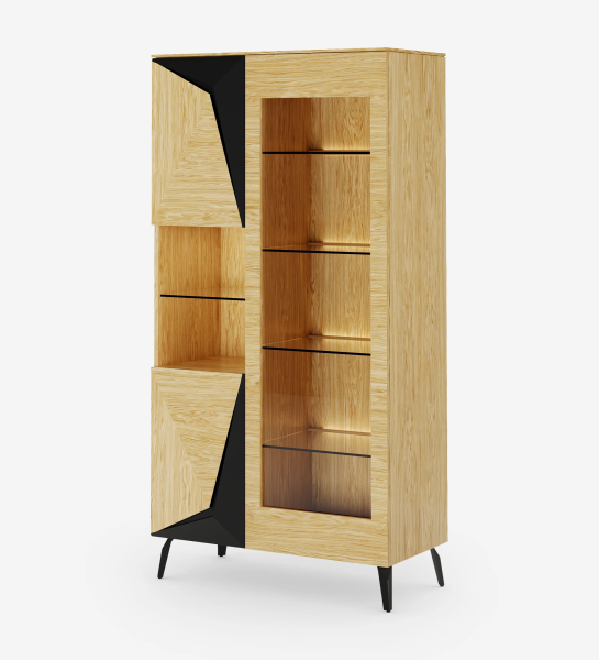 Showcase with 4 doors in natural oak with black details, with natural oak structure and black lacquered metal base.