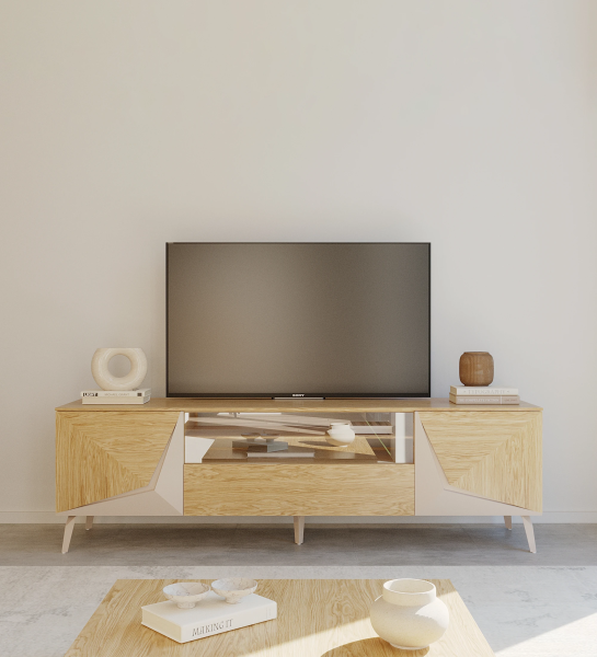 Évora TV stand with 2 doors and a drawer in natural oak with pearl details on the doors, with natural oak structure and metal foot lacquered in pearl.