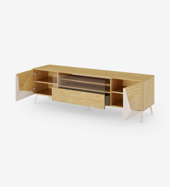 Évora TV stand with 2 doors and a drawer in natural oak with pearl details on the doors, with natural oak structure and metal foot lacquered in pearl.