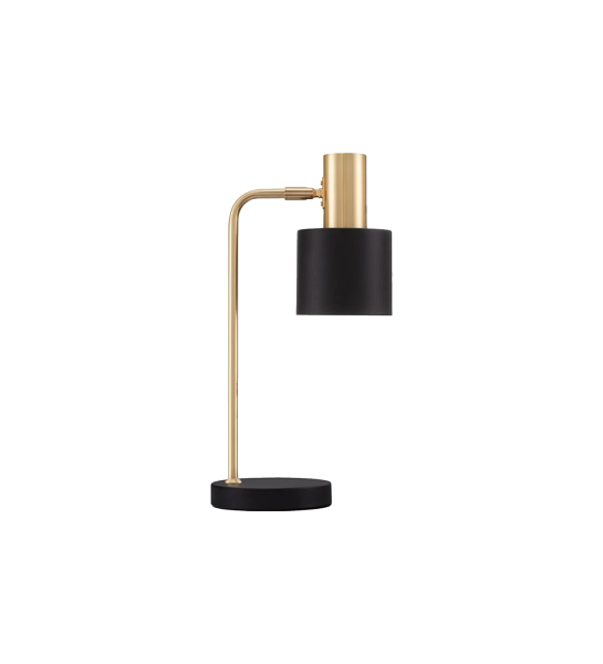 Candeeiro de mesa com estrutura em alumínio dourado, base e abat-jour em alumínio preto.