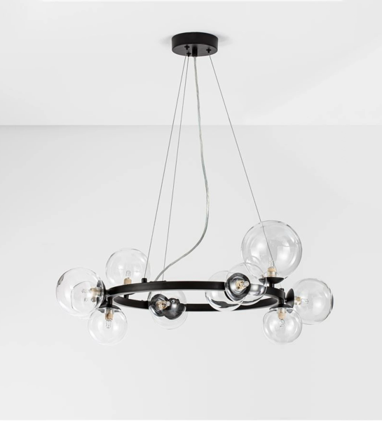  Suspension Lamp in matte black metal and glass.