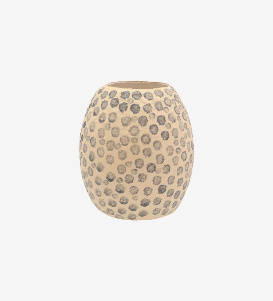 Handmade vase in cream paper mache with dark gray polka dots.
