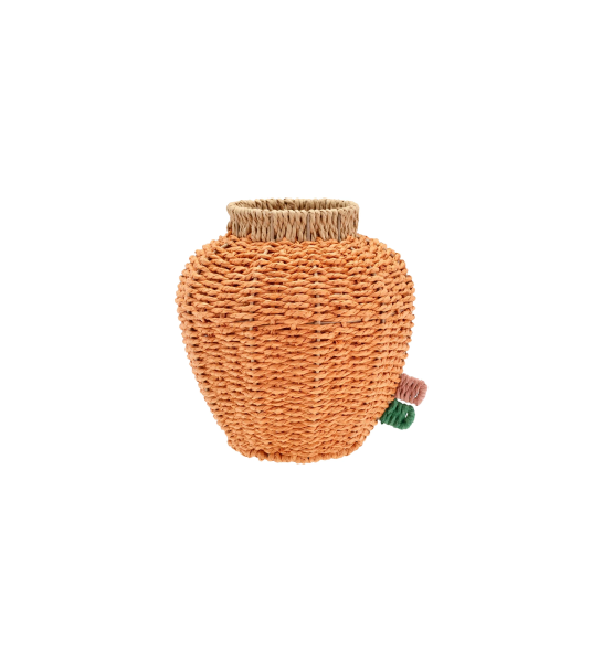 Jarra em cordão de papel laranja com recipiente de vidro.