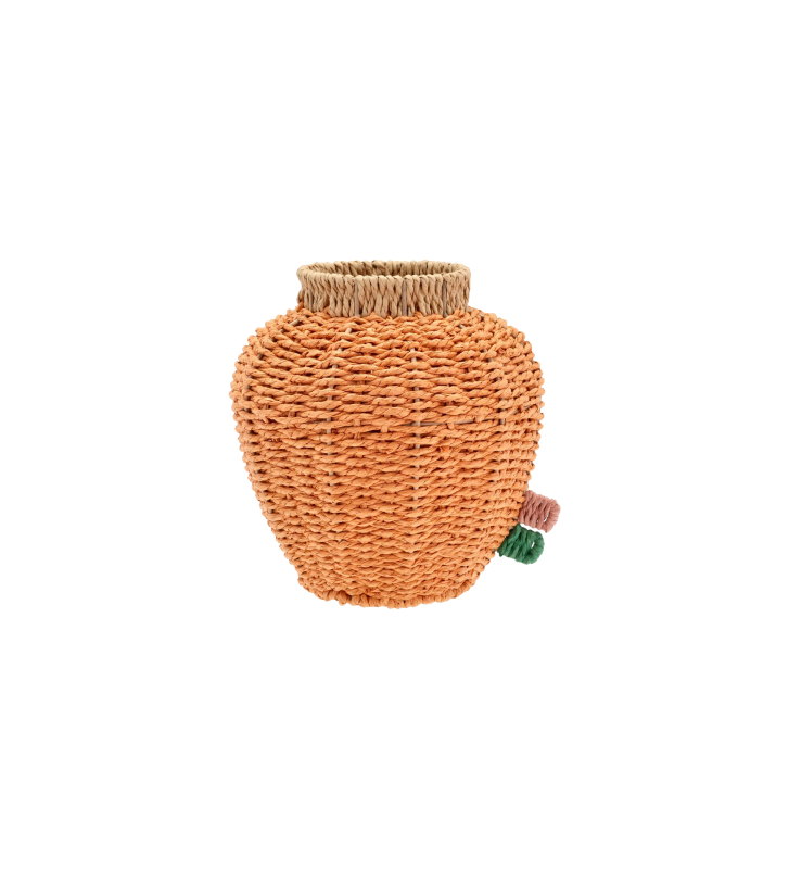 Jarrón de cordón de papel naranja con recipiente de cristal.