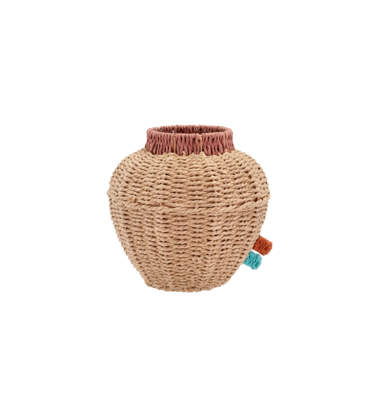 Jarra em cordão de papel bege com recipiente de vidro.