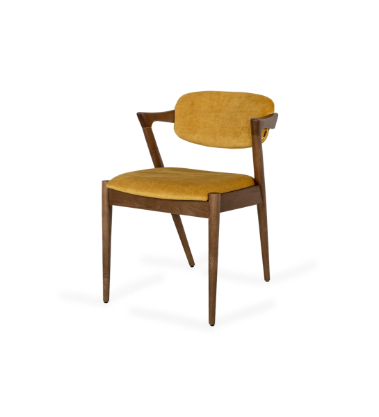 Chair with walnut wood structure, with seat and back upholstered in fabric.