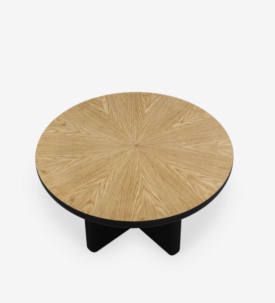 Table basse Monaco en laque noire avec plateau en placage de chêne naturel, Ø 75 cm.