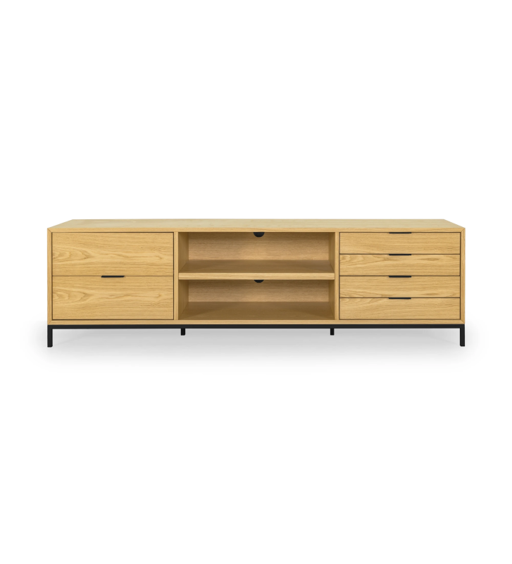 Antarte by AI TV stand 1 door and 4 drawers in natural oak, black lacquered metal feet, 195 x 56 cm.