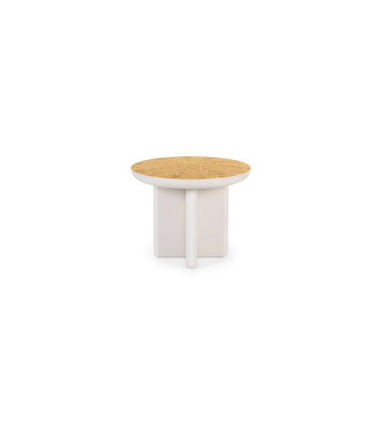 Table basse Monaco en laque perle avec plateau en placage de chêne naturel, Ø 55 cm.