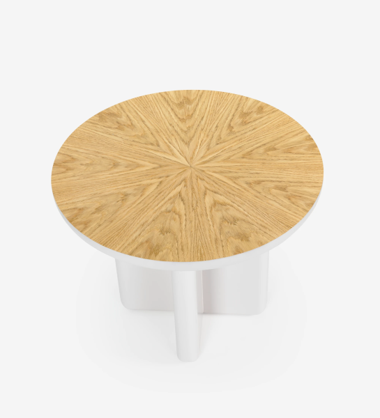 Mónaco round center table in pearl lacquer with natural oak veneer top, Ø 55 cm.