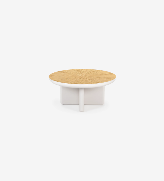 Table basse Monaco en laque perle avec plateau en placage de chêne naturel, Ø 75 cm.