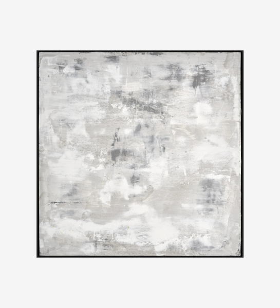 Peinture abstraite dans les tons gris clair, cadre en bois noir, 100 x 100 cm.