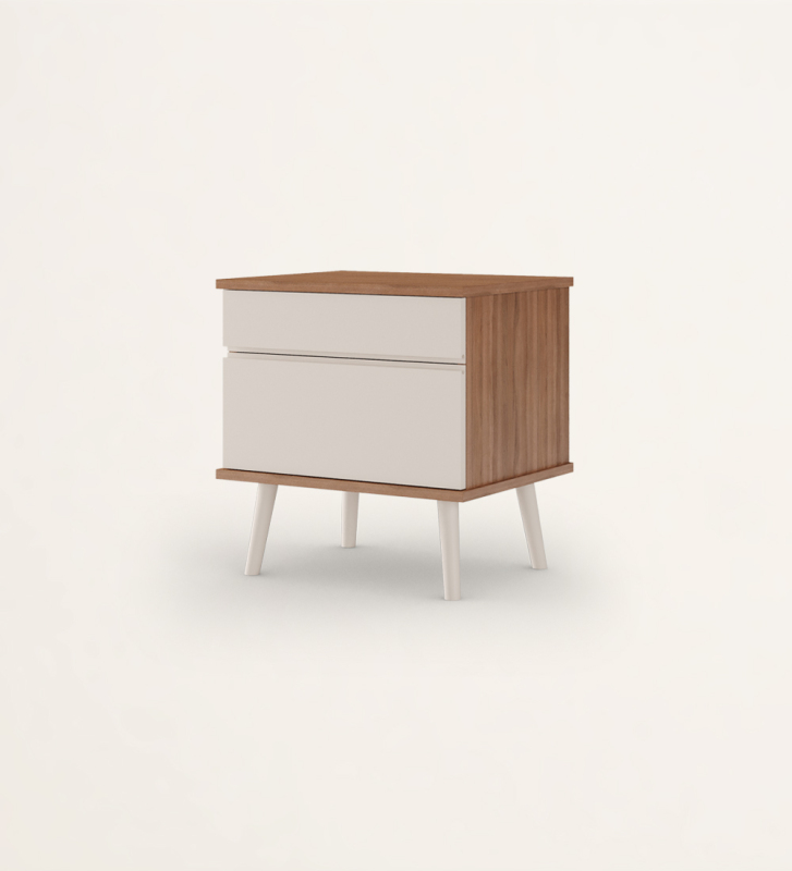 Bedside Table with 2 drawers and turned feet lacquered in pearl, walnut structure.