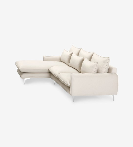 Veneza 2-seater sofa and right chaise longue, upholstered in beige fabric, metal feet, 259 cm.