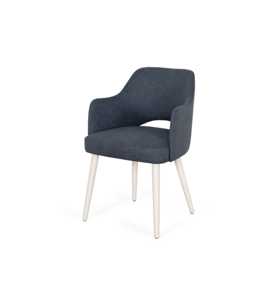 Londres chair with arms upholstered in blue fabric, pearl lacquered feet.