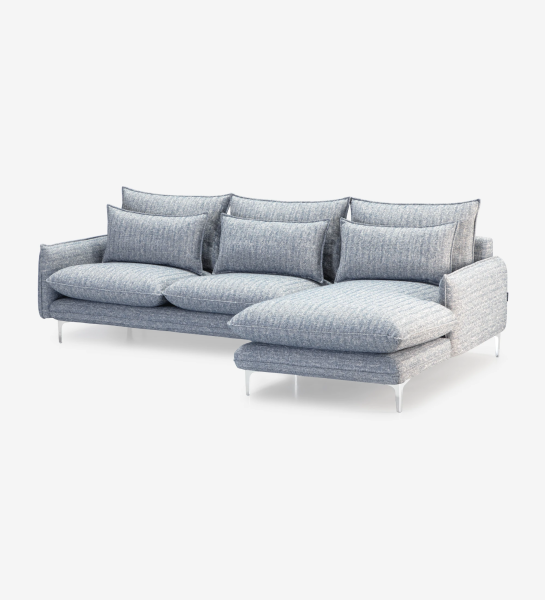 Canapé Veneza 3 places et chaise longue gauche, recouvert en tissu bleu, pieds en métal, 259 cm.