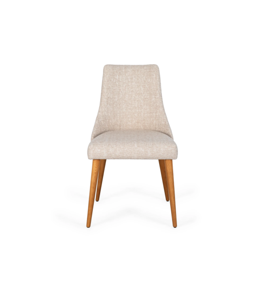 Oslo chair upholstered in beige fabric and honey-colored wooden legs.