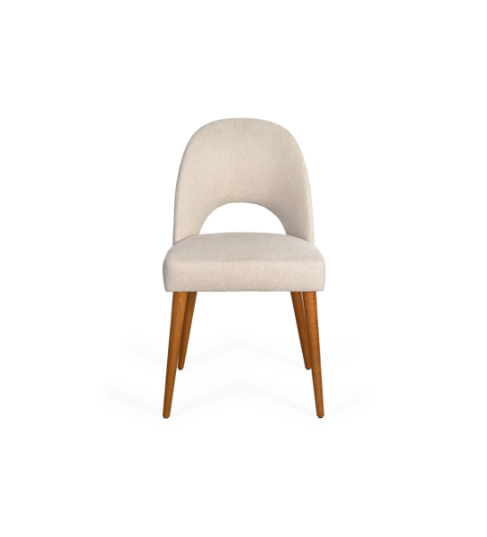 Chair upholstered in fabric, with honey-colored wooden legs.